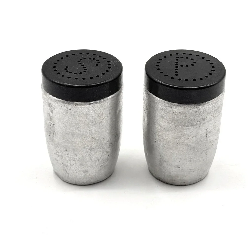 Vintage Mid Century Modern Aluminum Salt and Pepper Shakers Black Lids S P Set‎